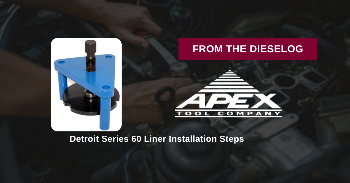 Step-by-step close up layout of M30118 liner installer mounted on a Detroit Diesel Series 60 engine block deck